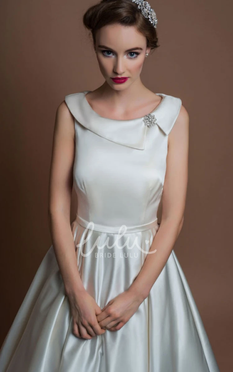 Satin Sleeveless Tea-Length A-Line Wedding Dress With Broach Classy Bridal Gown