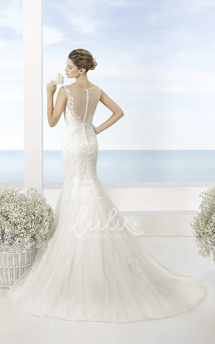 Trumpet Appliqued Lace Wedding Dress with Long Sleeves and Court Train