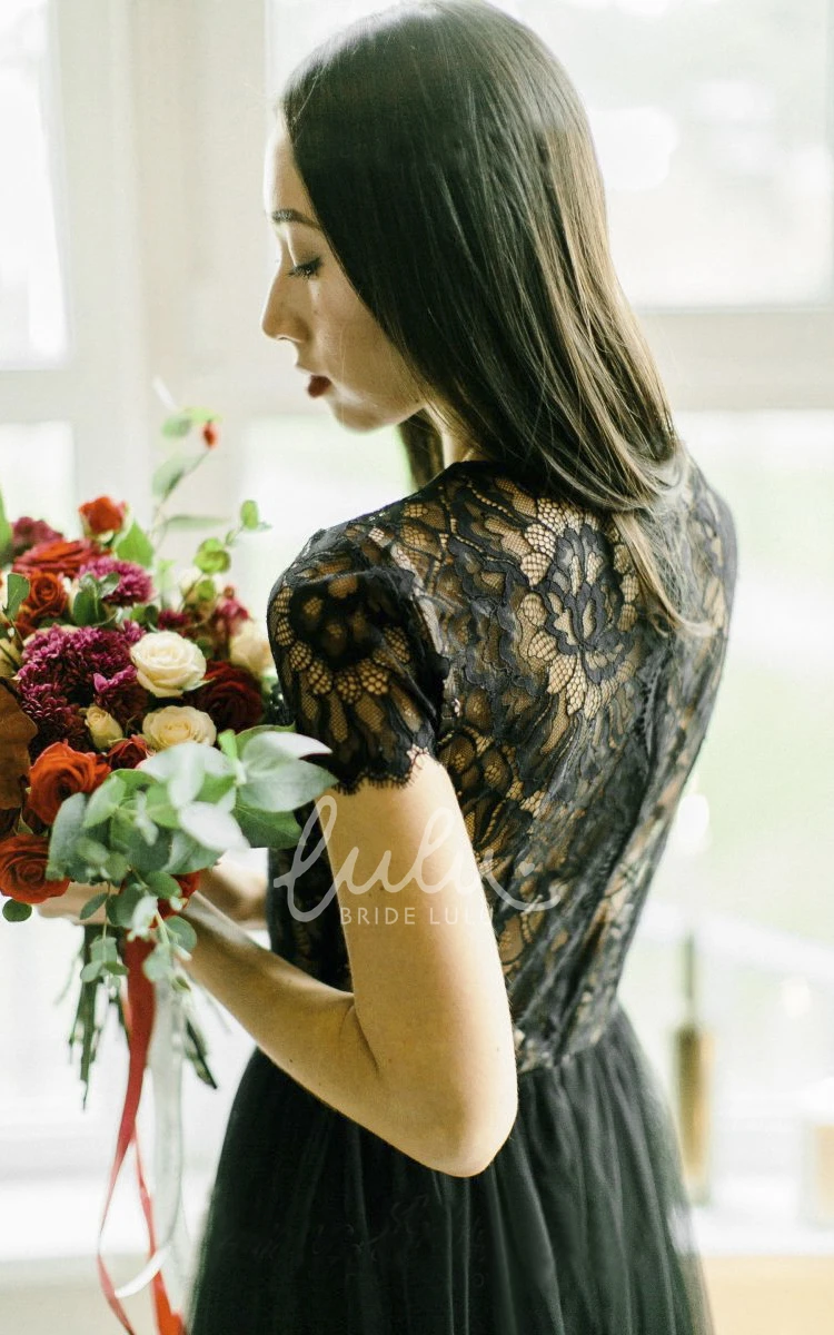 Sexy Black Lace Cap Sleeve Tulle Wedding Dress 