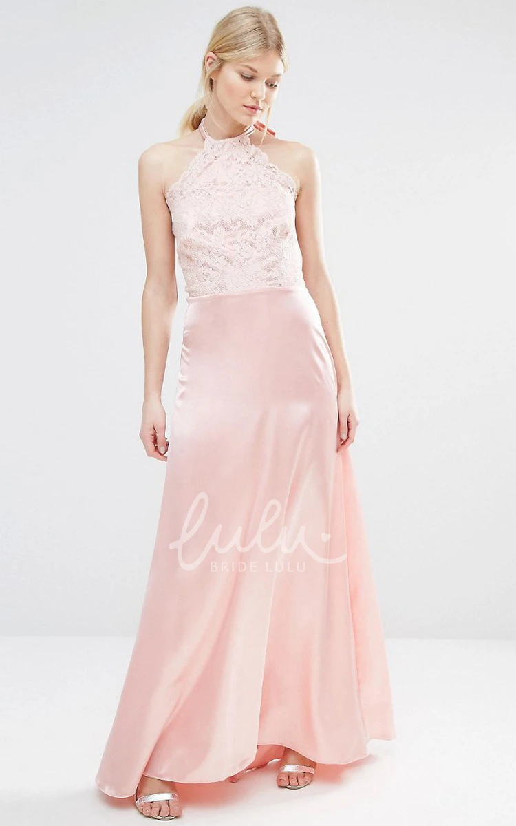 Satin Sheath High Neck Sleeveless Bridesmaid Dress With Lace