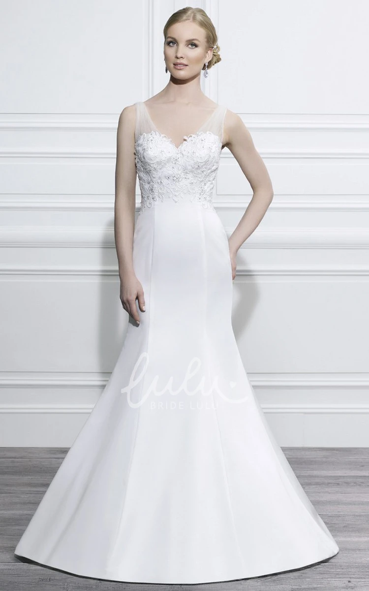 Satin Trumpet Wedding Dress with V-Neck Appliques and Low-V Back Classic Bridal Gown