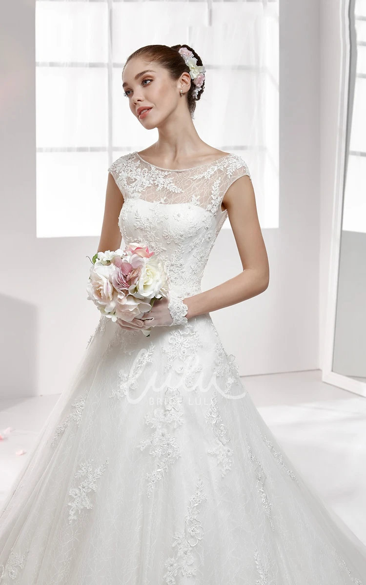 A-Line Wedding Dress with Jewel Neck Cap Sleeves and Backless Design