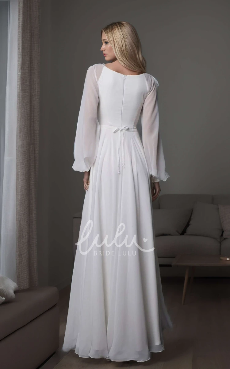 Simple Casual A-Line Long Puff Sleeve V-Neck Wedding Dress Modest Elegant Romantic White Zipper Back Floor Maxi Bridal Gown