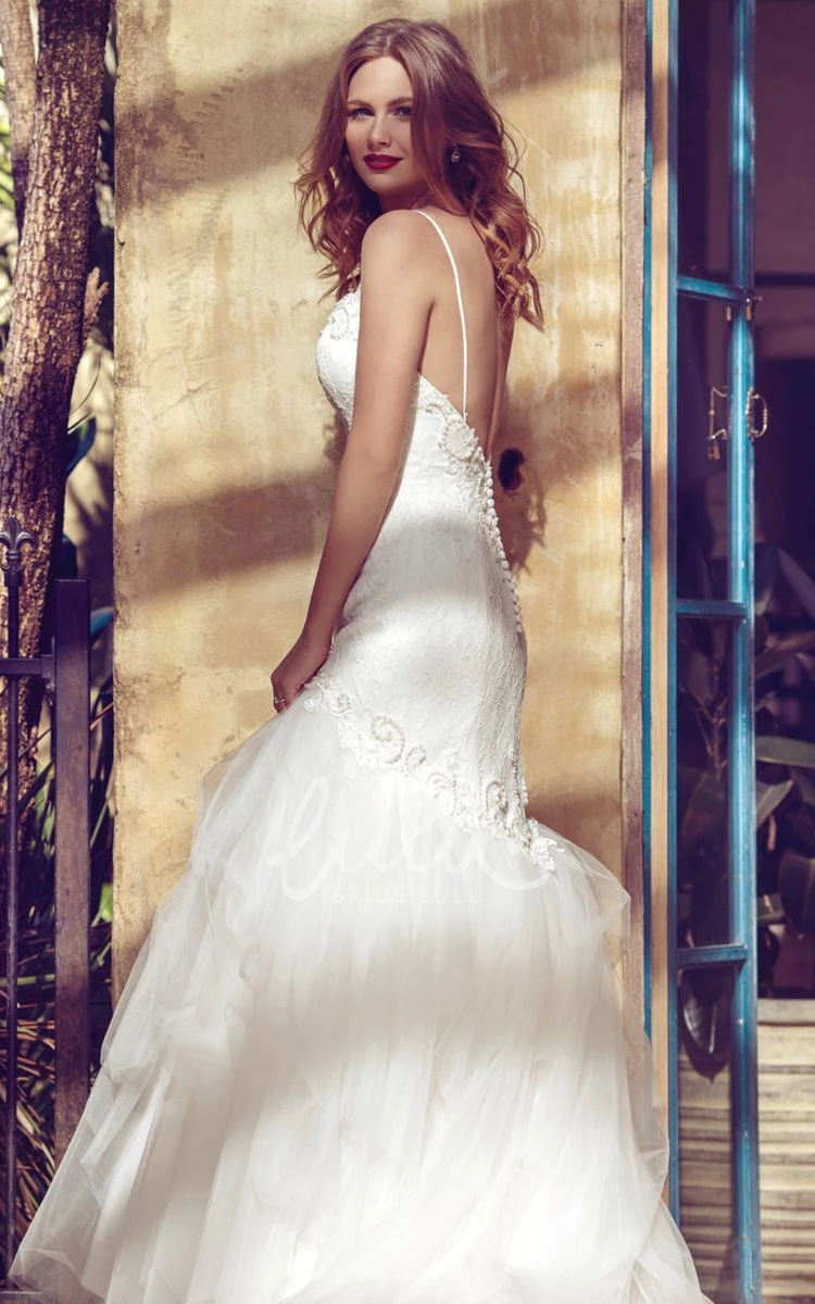 Sleeveless Mermaid Wedding Dress with Appliques and Ruffles Lace and Satin Bridal Gown