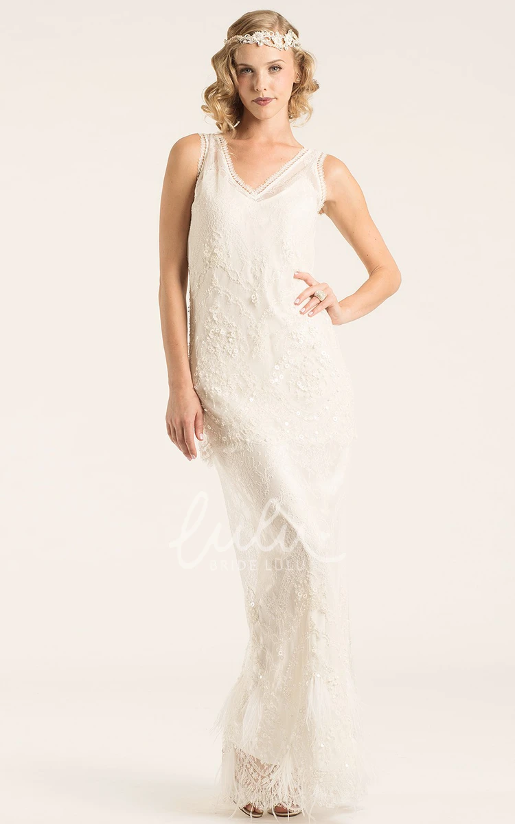 Beaded Lace V-Neck Wedding Dress with Appliques Floor-Length V-Back