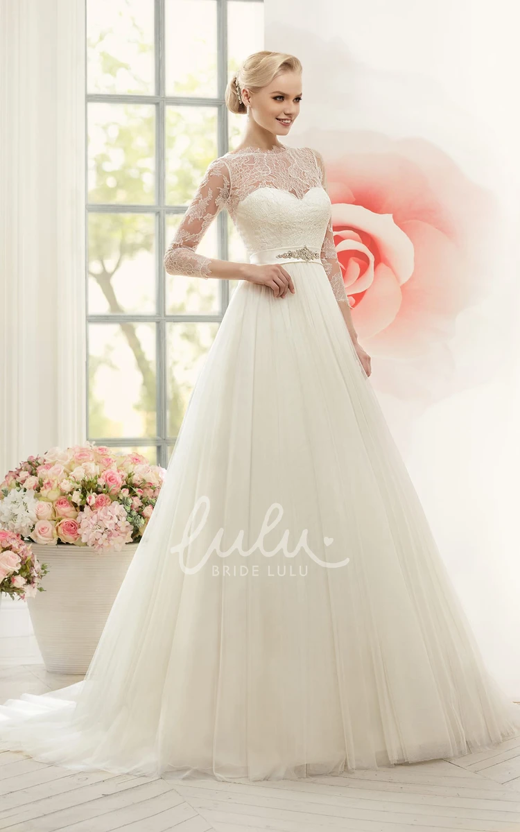 Illusion Tulle A-Line Wedding Dress with Long-Sleeves and Waist Jewelry