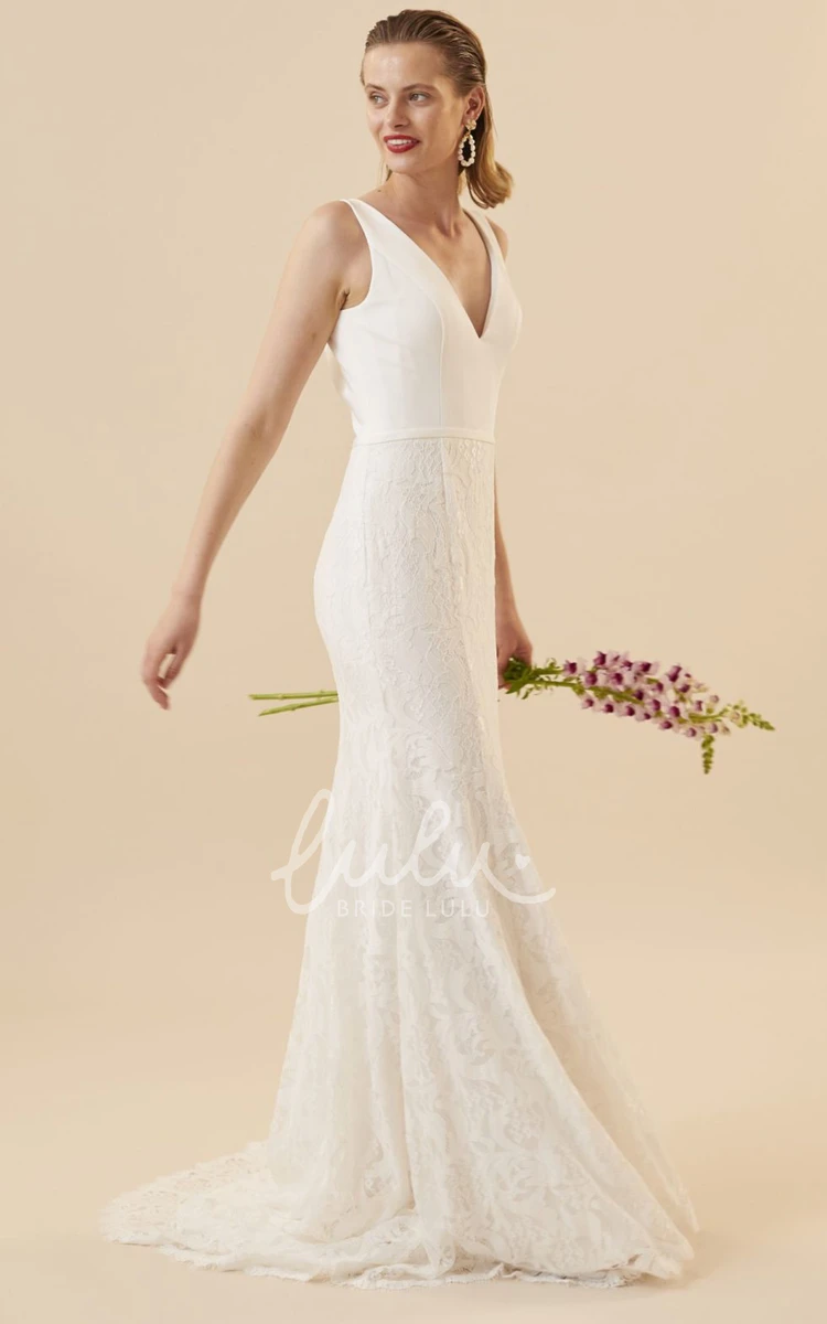 Modern Lace Sleeveless Wedding Dress with Floor-length and Low-V Back