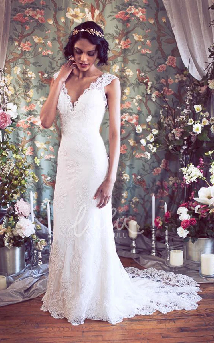 V-Neck Mermaid Lace Wedding Dress with Long Cap Sleeves
