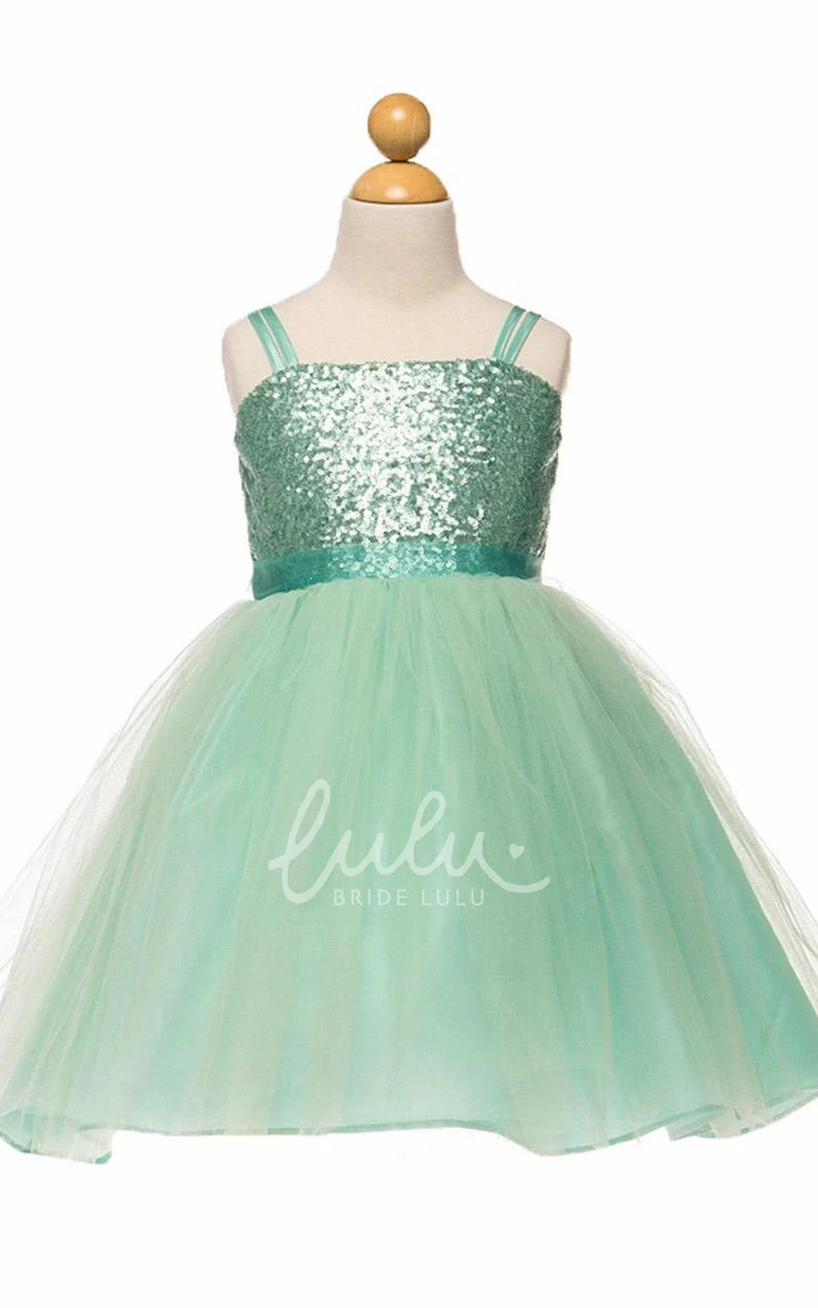 Midi Tulle&Sequins Spaghetti Flower Girl Dress Boho Beach Dress