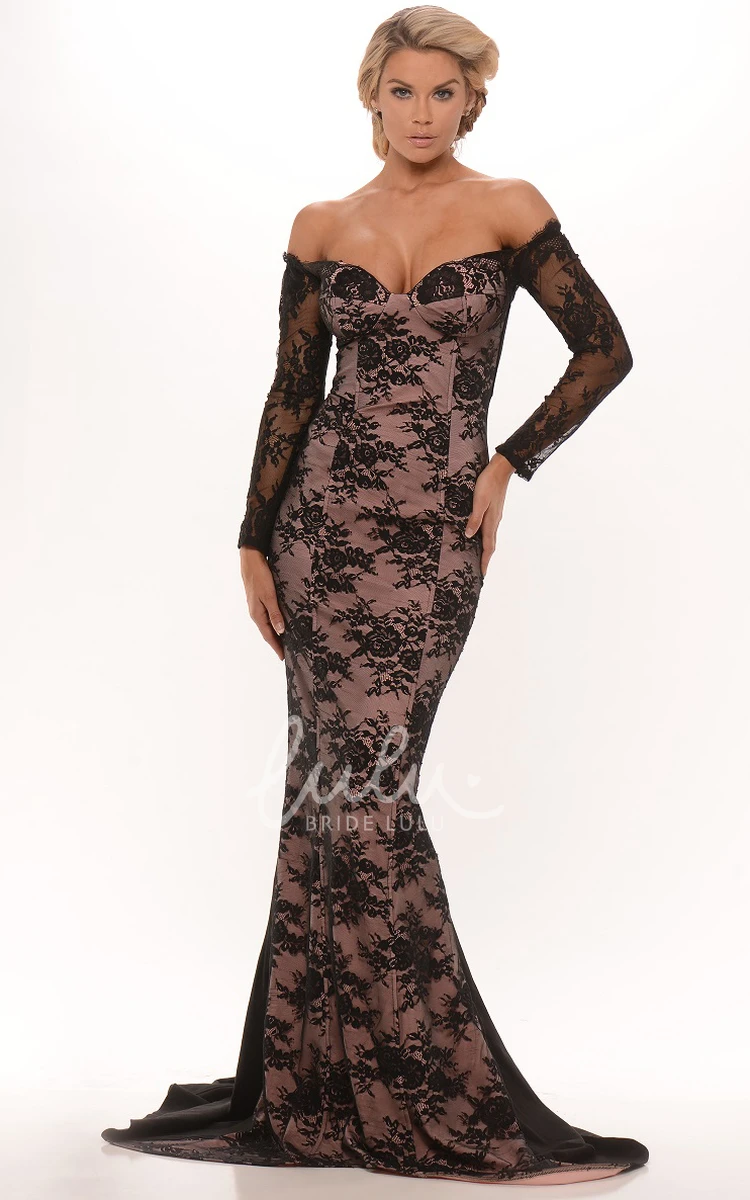 Lace One-Shoulder Long-Sleeve Prom Dress with Sweep Train Elegant Maxi Formal Dress