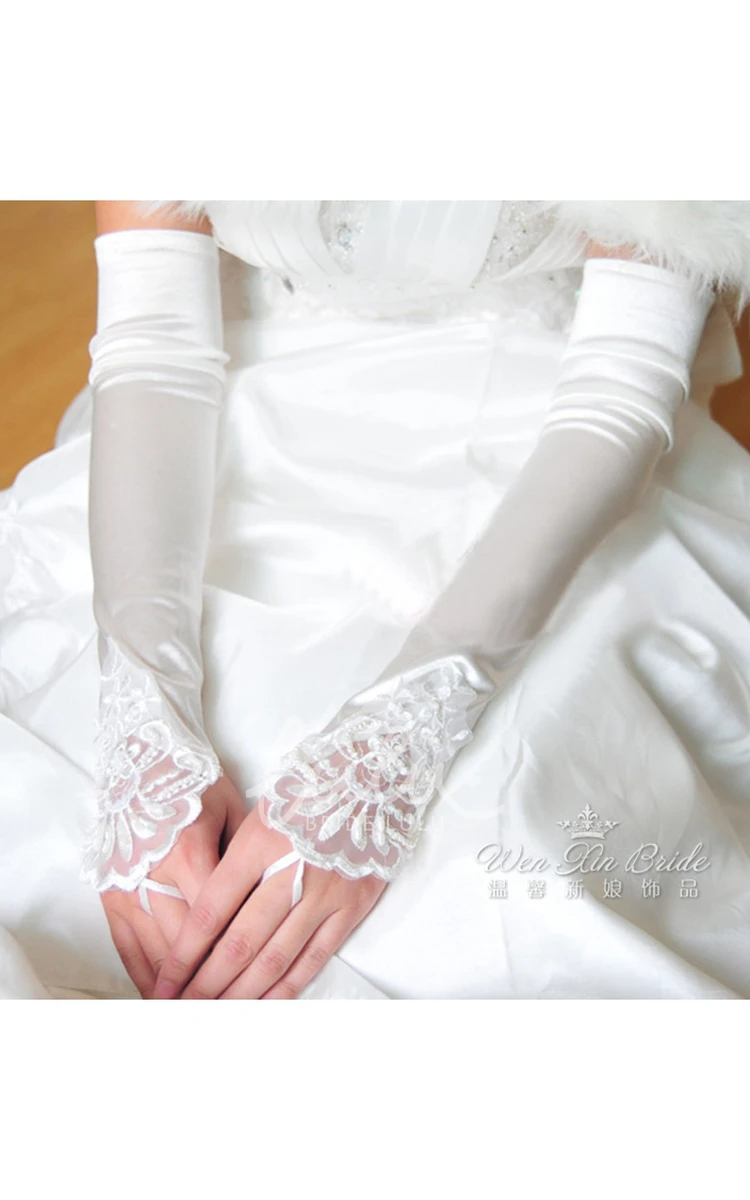 Long White Beaded Satin Gloves for Prom Dress