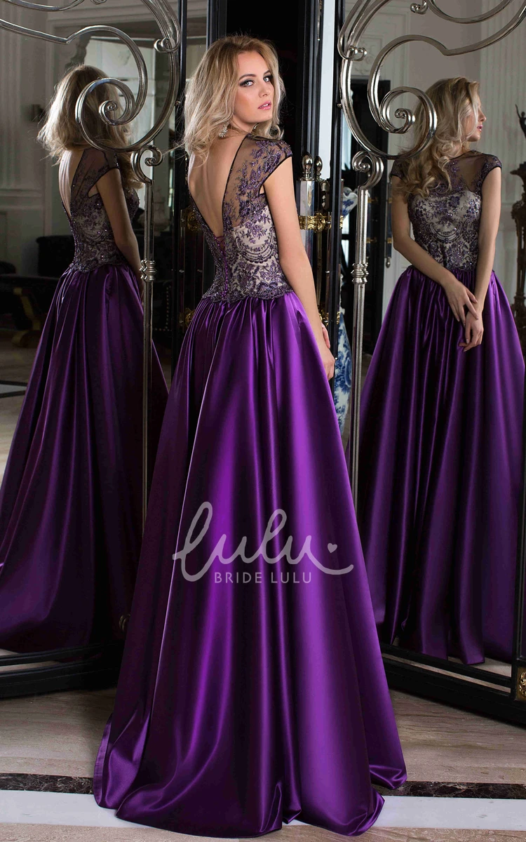 Satin A-Line Prom Dress with Cap Sleeves and Lace-Up Back