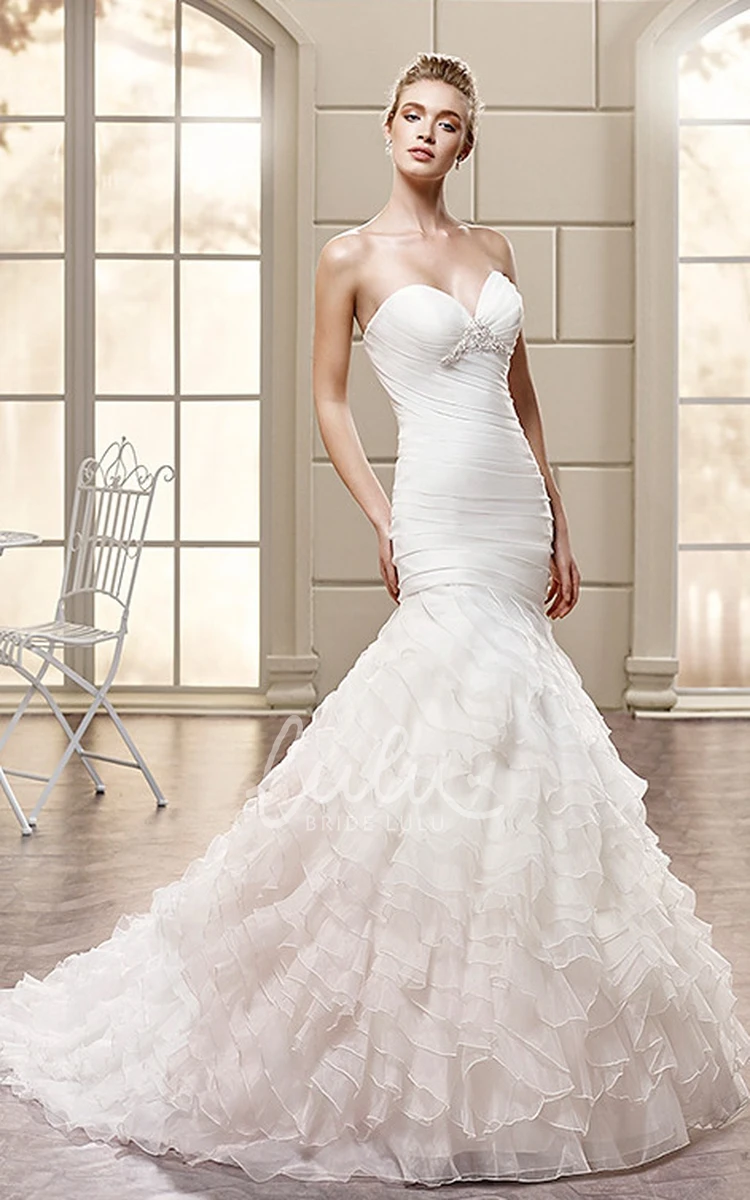 Mermaid Organza Wedding Dress with Tiered Skirt Sweetheart Neckline and Beading