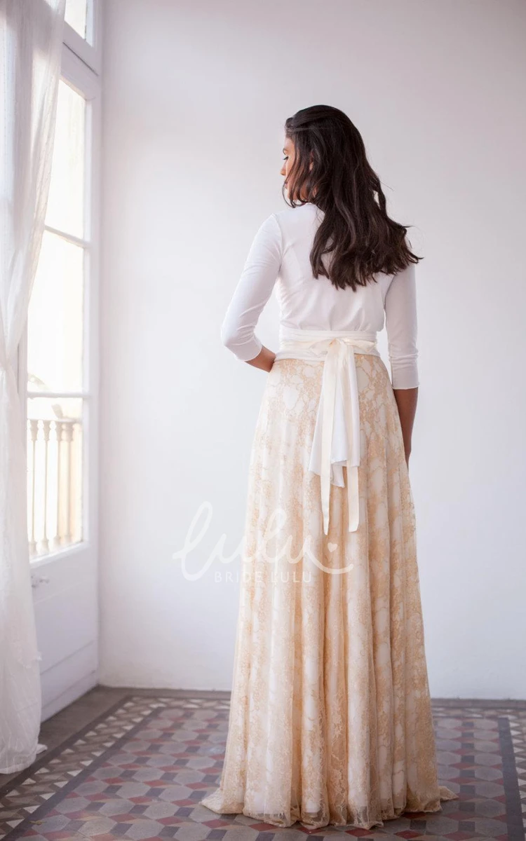 Golden Lace Vintage Long Sleeve Wedding Dress with Sleeves Unique