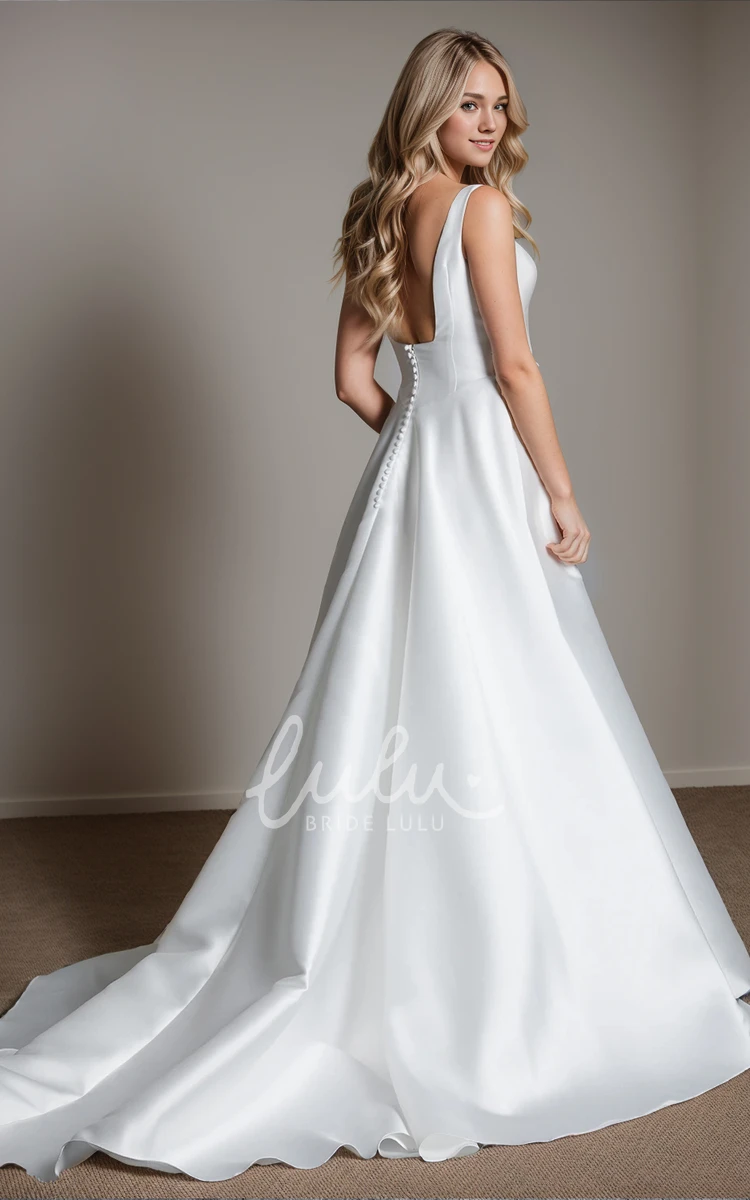 Elegant Simple Square Straps Neck Draping Pleats Floor-length Satin Wedding Gown Modern Solid A-Line Sleeveless with Train Zipper Back with Button Bridal Dress