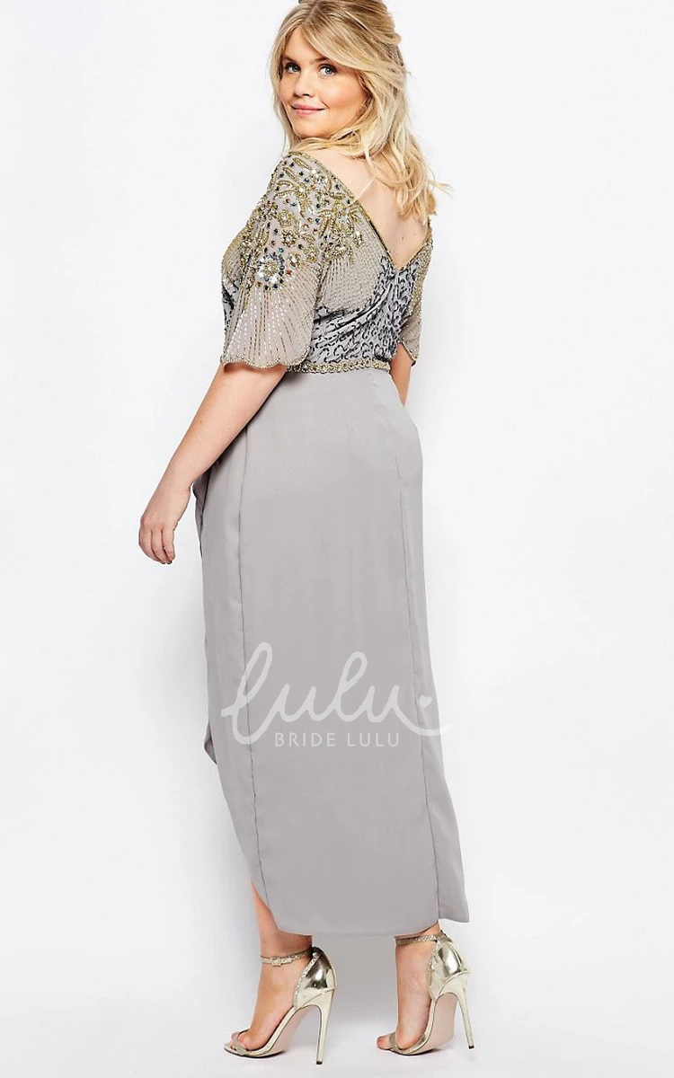 Sequined Short Sleeve Chiffon Bridesmaid Dress Tea-Length Elegant
