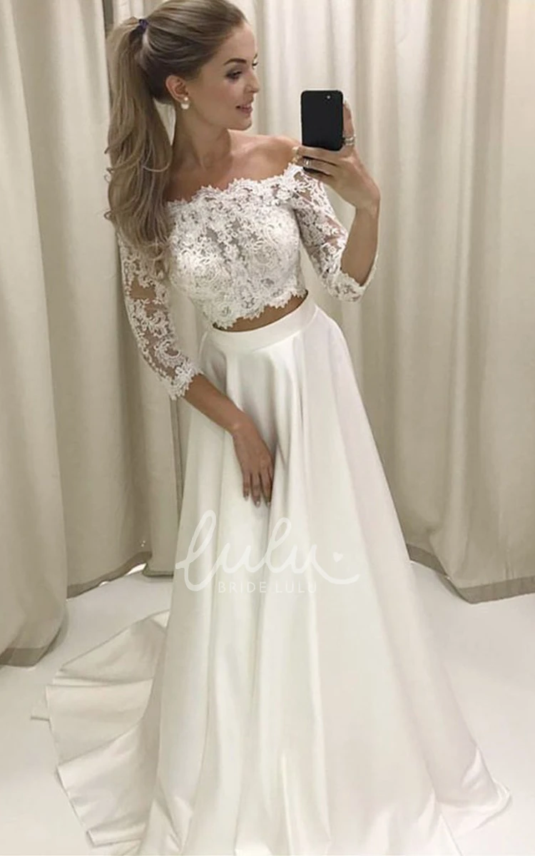 Satin Lace A-line Wedding Dress with Off-the-shoulder Neckline