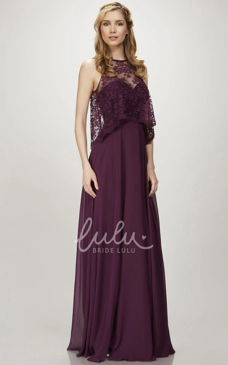 High Neck Appliqued Chiffon Bridesmaid Dress Sleeveless Low-V Back