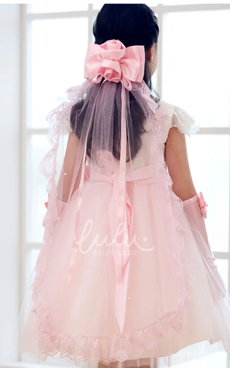 Ruffled Lace Tier Tulle Veil with Bow for Flower Girls Wedding Dress Accessories