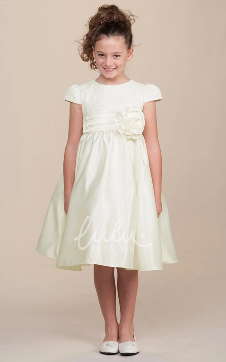 Cap-Sleeve Lace&Satin Tea-Length Flower Girl Dress with Tiered Floral Design