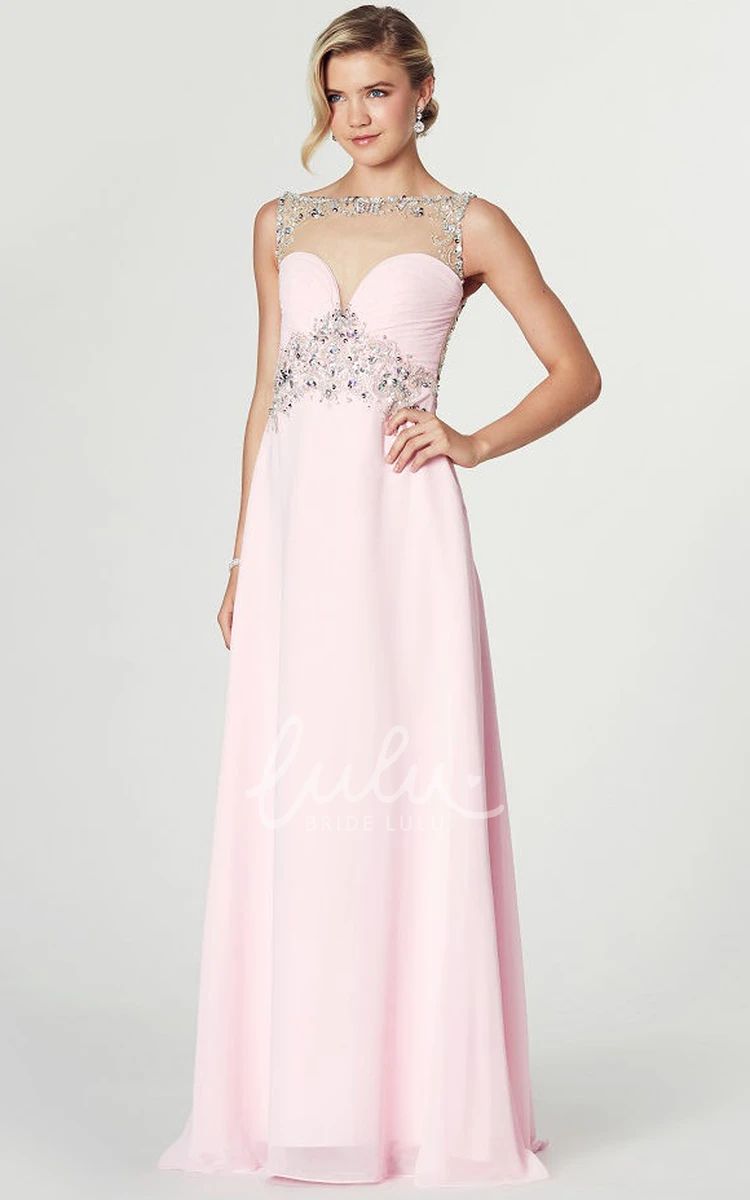 Sleeveless Chiffon Prom Dress with Bateau Neck and Criss-Cross Floor-Length