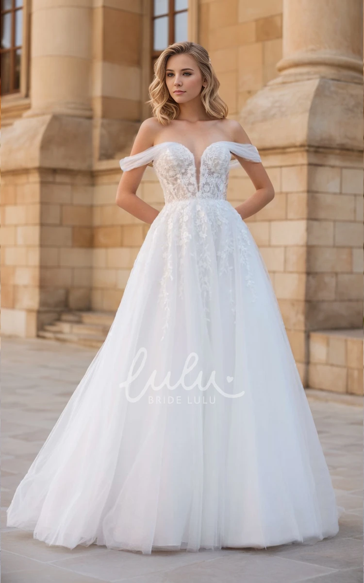 Elegant Off Shoulder A-Line Wedding Dress with Plunging Neckline Romantic Lace Tulle Court Train