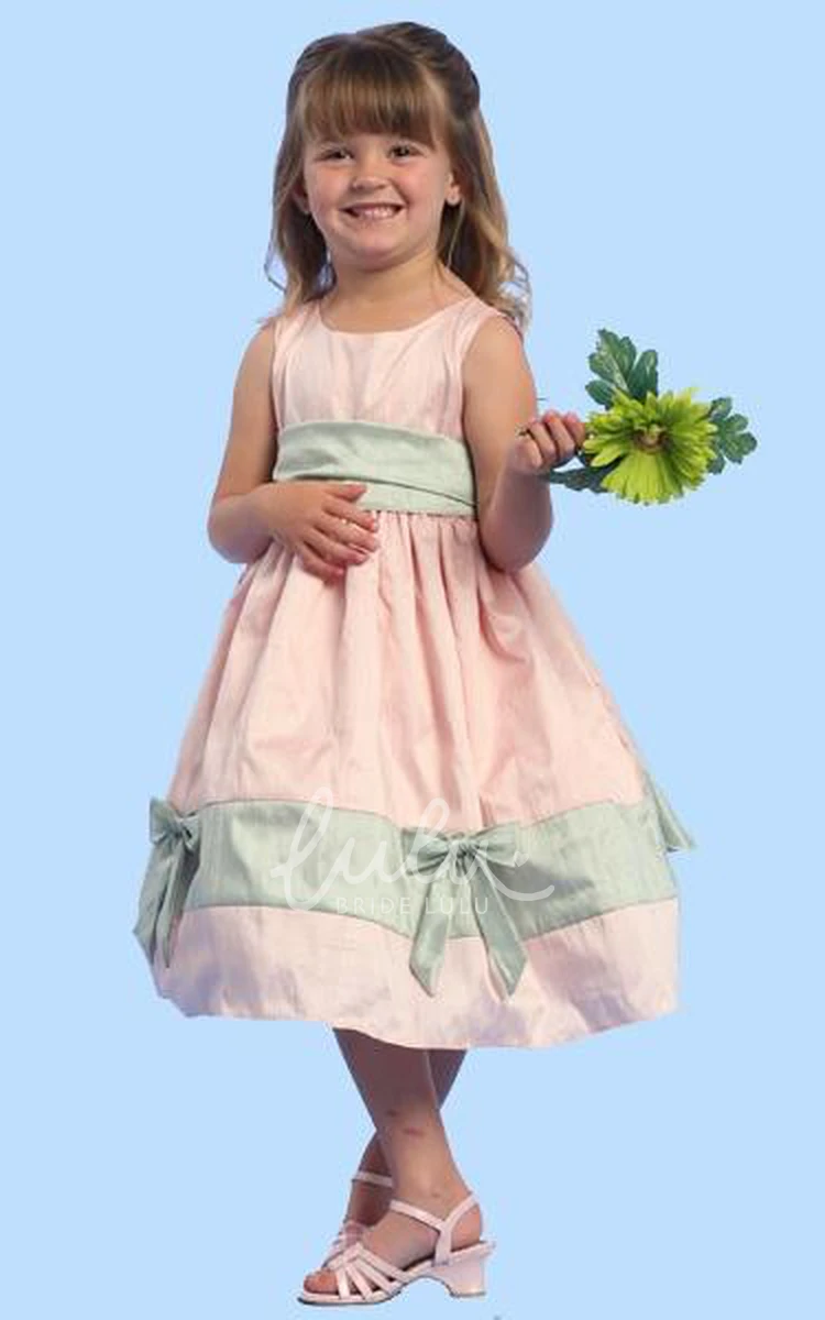 Sleeveless Satin Tea-Length Bow Flower Girl Dress Modern Dress for Girls