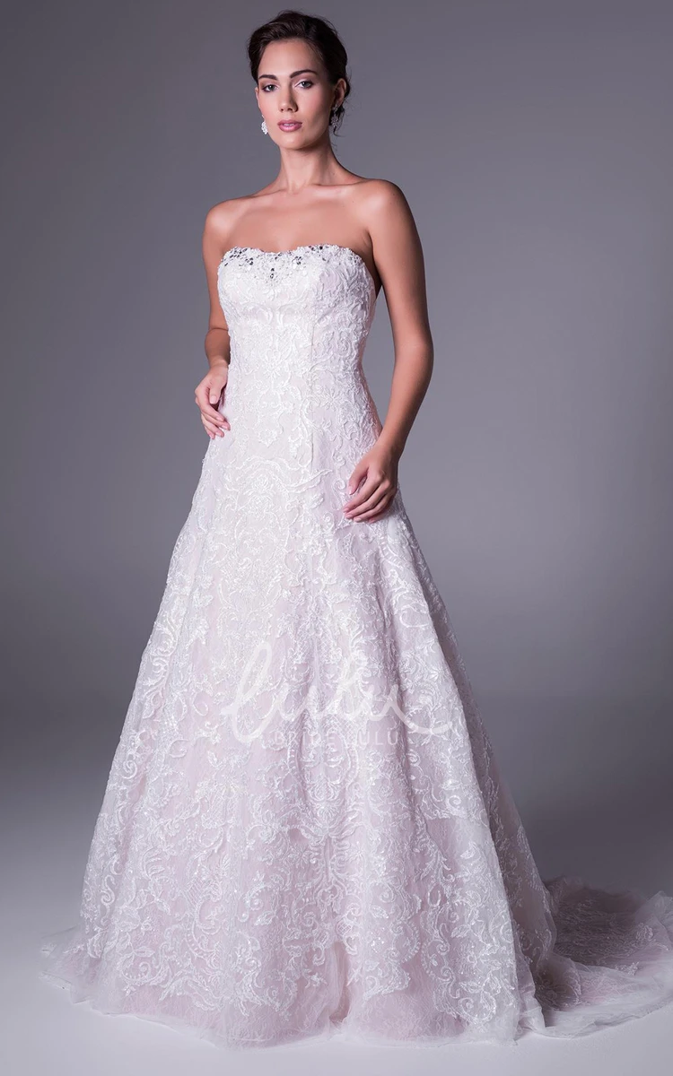 Lace A-Line Wedding Dress with Beading Strapless Deep-V Back Elegant