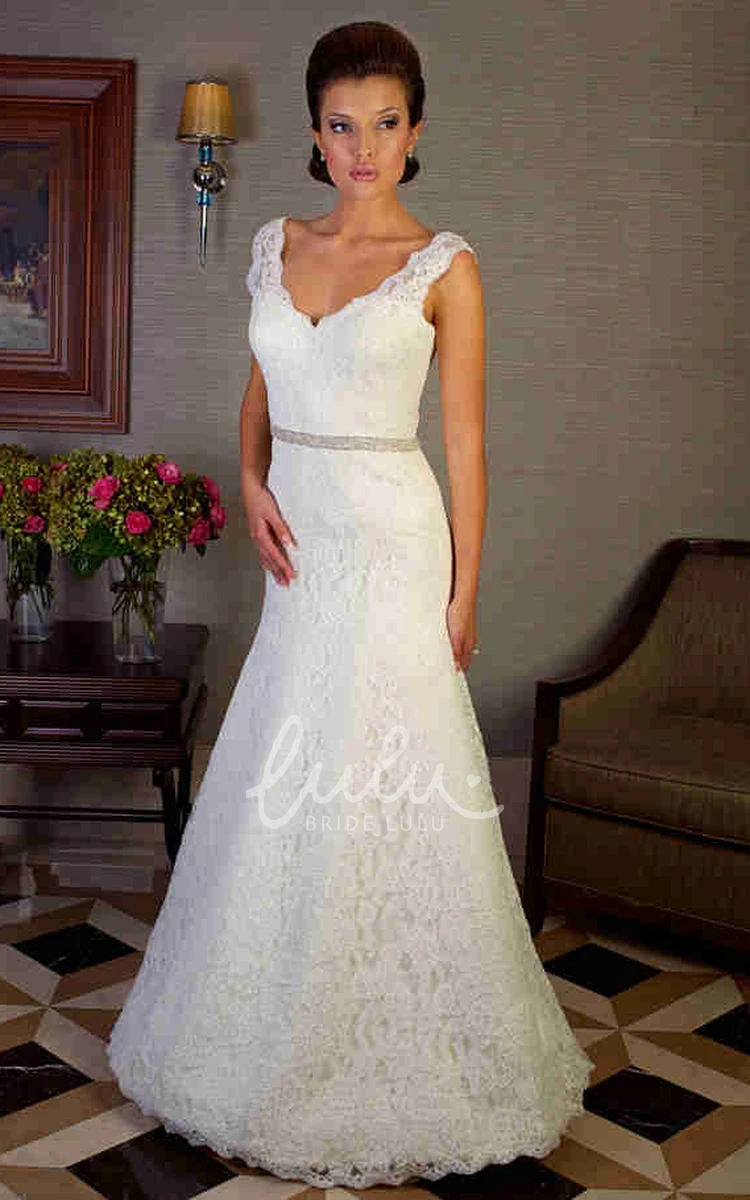 Jeweled Lace A-Line Wedding Dress with V-Neck and Floor-Length