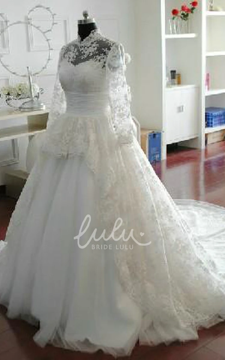 High Neck Bell Sleeve A-Line Wedding Dress with Illusion Lace and Sequins