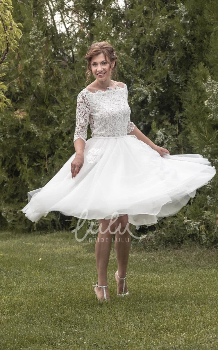 Tulle Tea Length Vintage Wedding Dress with Lace