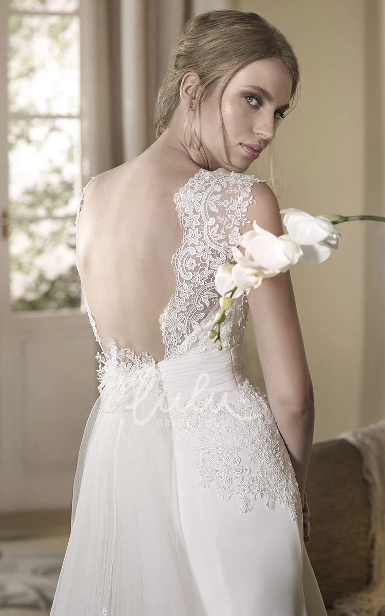 Cap-Sleeve Jewel-Neck Appliqued Tulle Sheath Wedding Dress Modern Bridal Gown