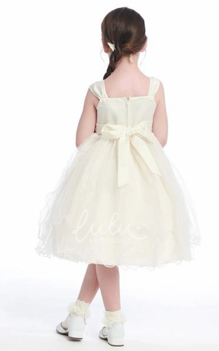 Tea-Length Tulle Satin Floral Flower Girl Dress Elegant 2024