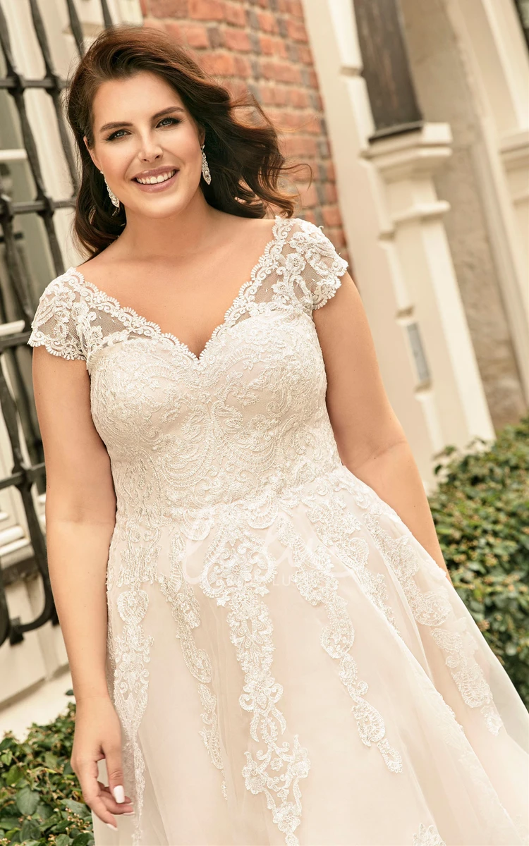 A-line V-neck Lace Wedding Dress with Short Sleeves & Appliques Sexy & Unique