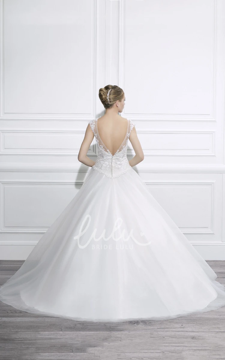 Cap-Sleeve Tulle Ball Gown Wedding Dress with Appliques and Deep-V Back Elegant Bridal Gown