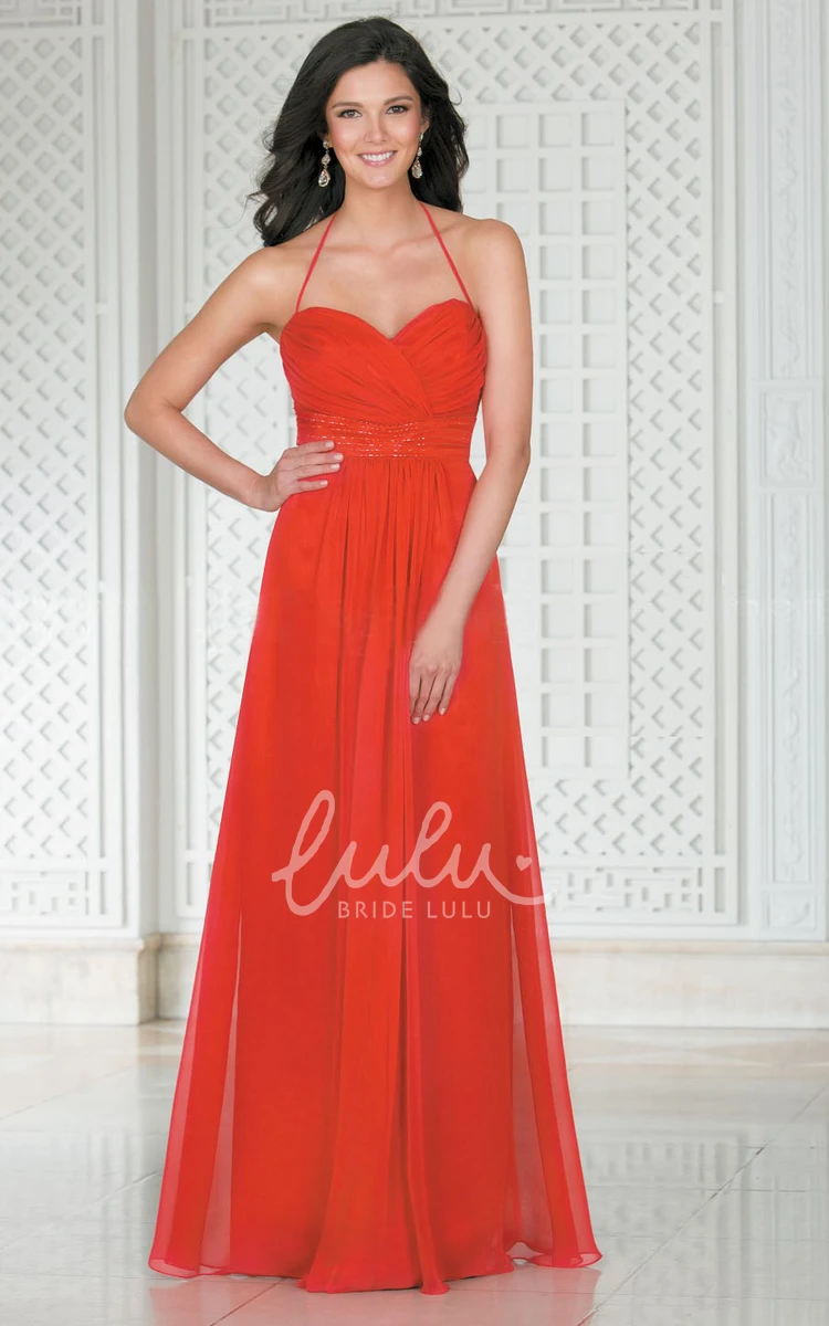 Beaded Waist Halter A-Line Floor-Length Bridesmaid Dress With Open Back Unique