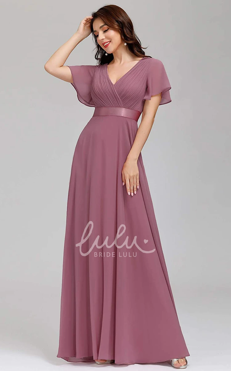 Romantic Chiffon V-neck A-line Prom Evening Dress with Ruffles and Short Sleeves Bridesmaid Dress