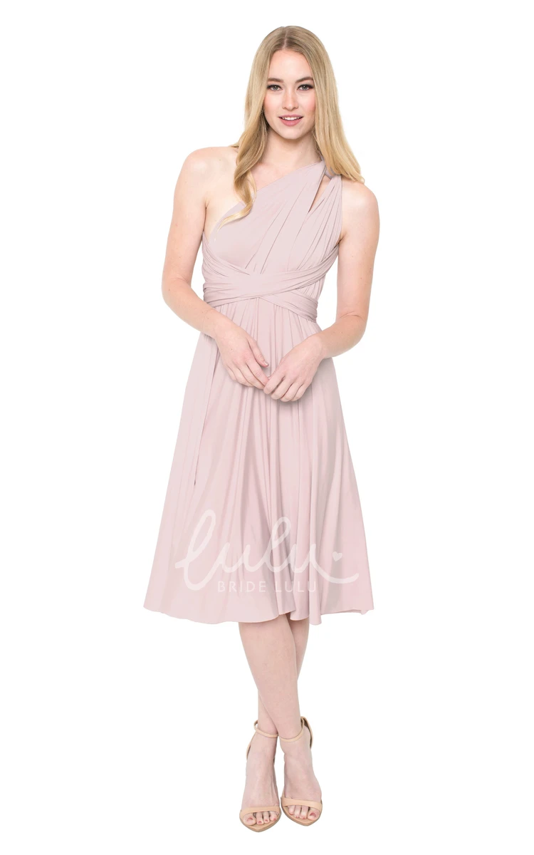 One-Shoulder Ruched Chiffon Bridesmaid Dress Tea-Length Sleeveless Convertible Multi-Color