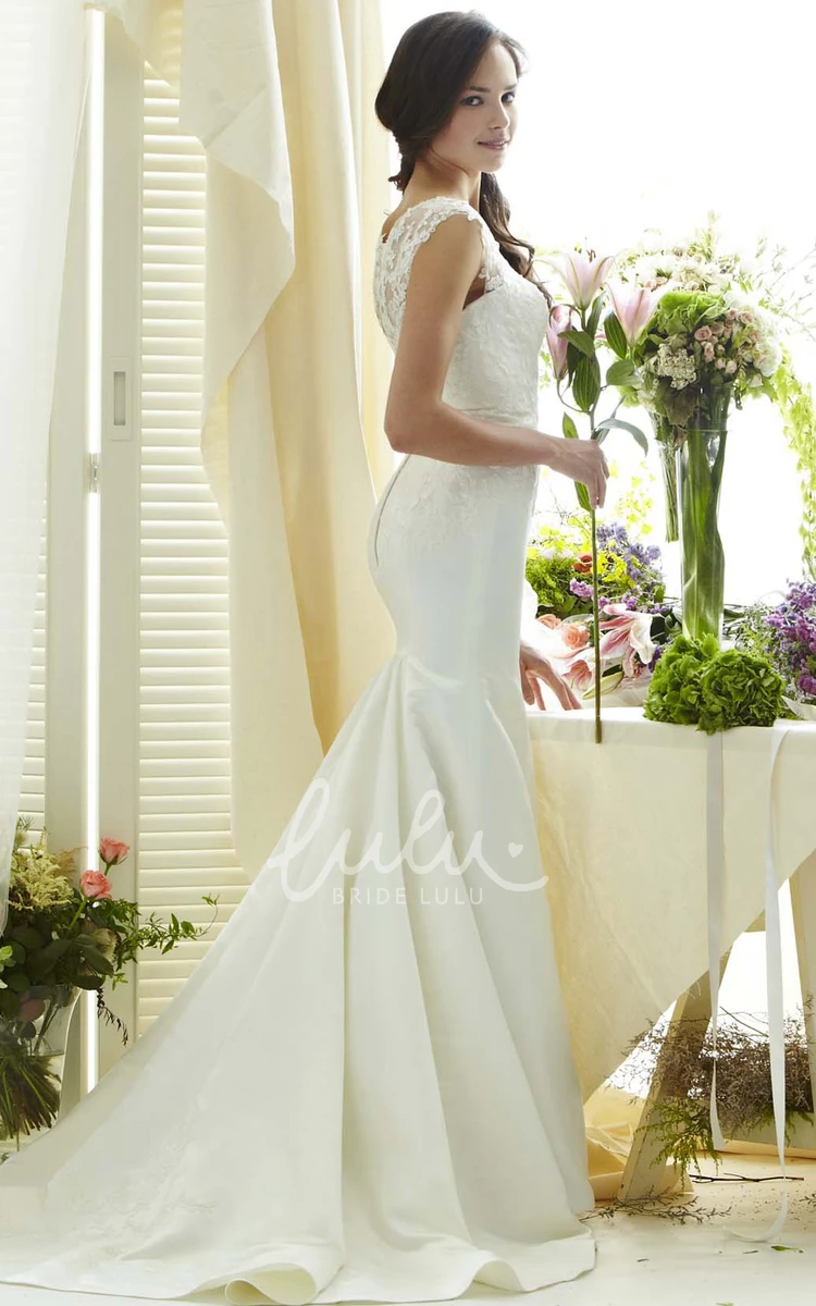 Cap-Sleeve V-Neck Taffeta Wedding Dress with Illusion Elegant Sheath Style