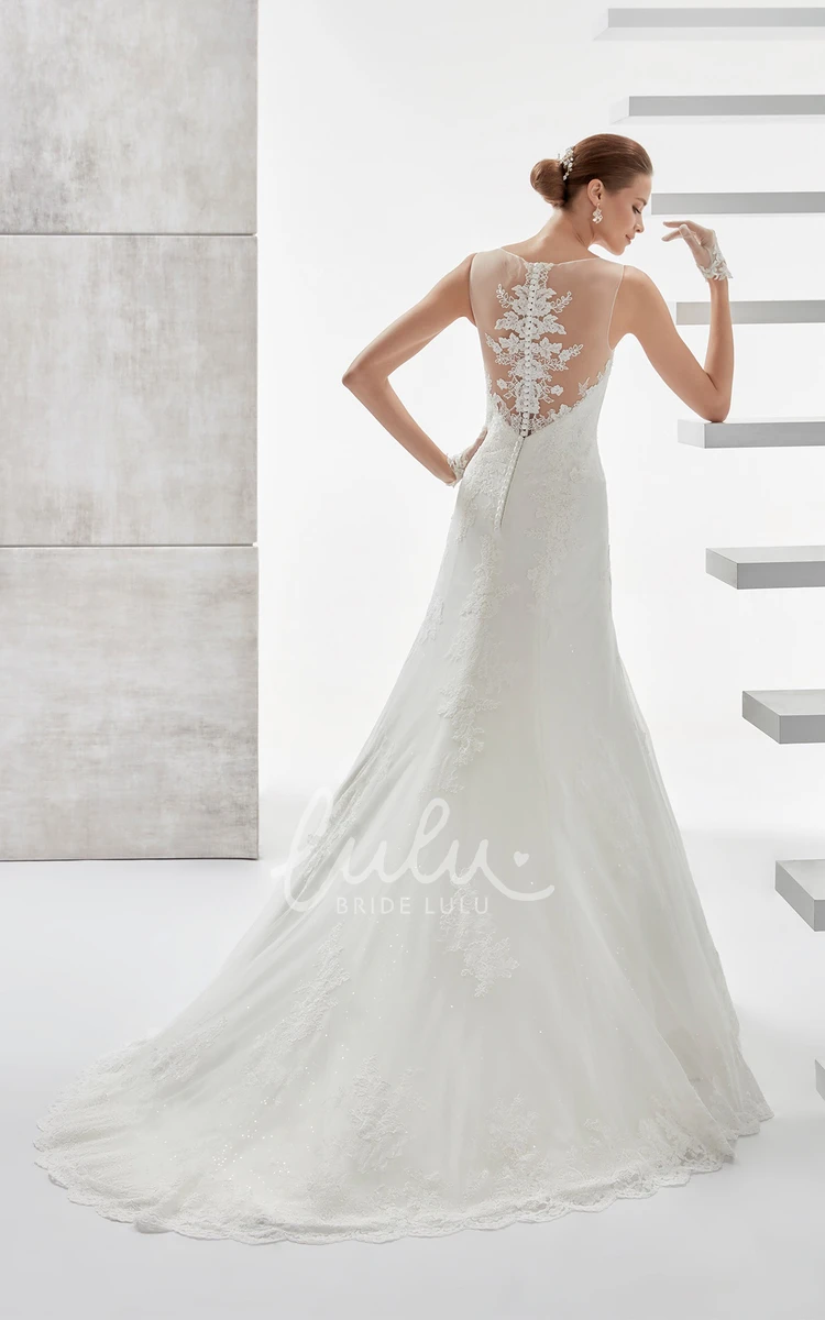 Cap-Sleeve Jewel-Neck Wedding Dress with Illusive Design and Appliques