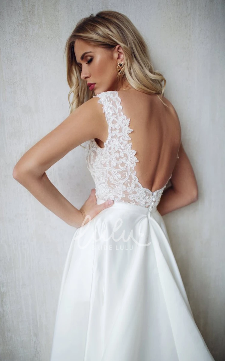 Simple A-Line Satin Lace Wedding Dress Sleeveless Low-V Back Ruffles