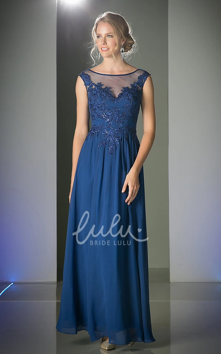 Scoop-Neck Sleeveless Sheath Dress with Appliques and Illusion in Chiffon Fabric