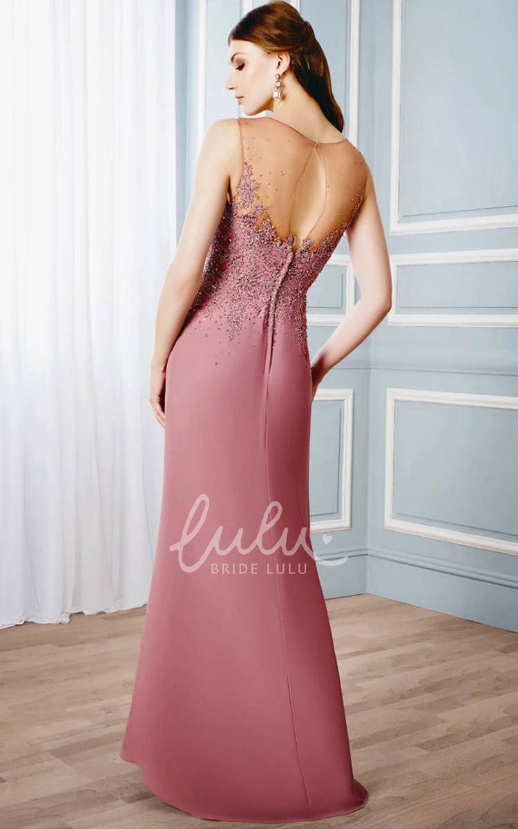 Sleeveless V-Neck Appliqued Jersey Formal Dress with Illusion Back