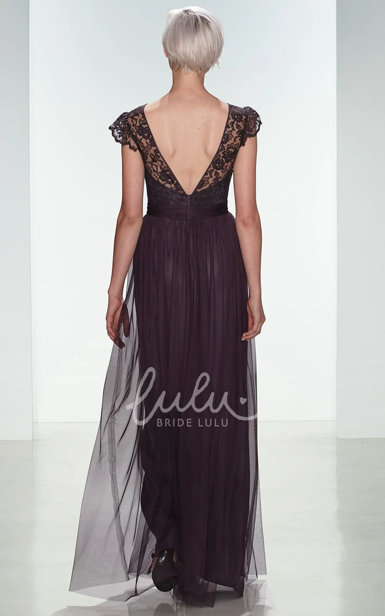 Tulle Cap Sleeve Sheath Bridesmaid Dress with Lace Bateau-Neck