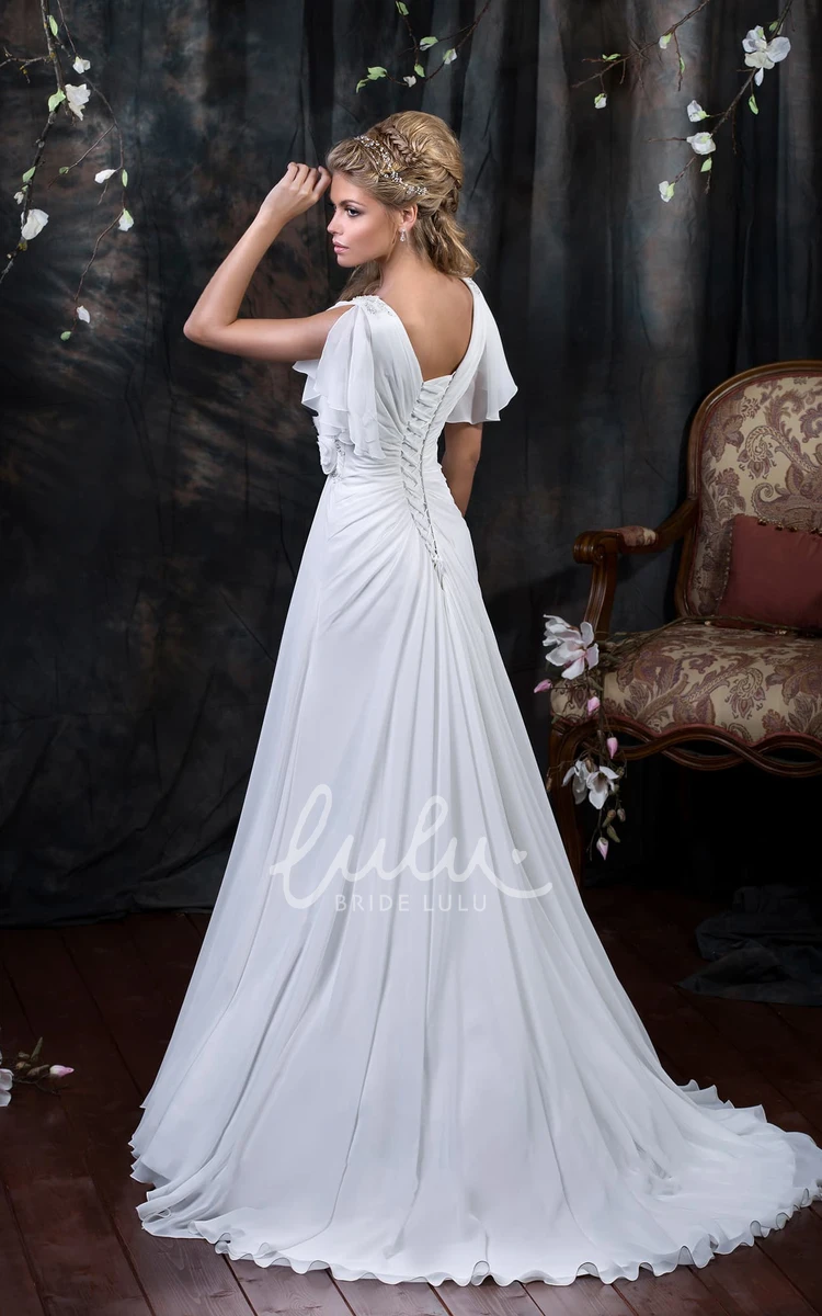 Chiffon A-Line Wedding Dress with V-Neck and Poet Sleeves