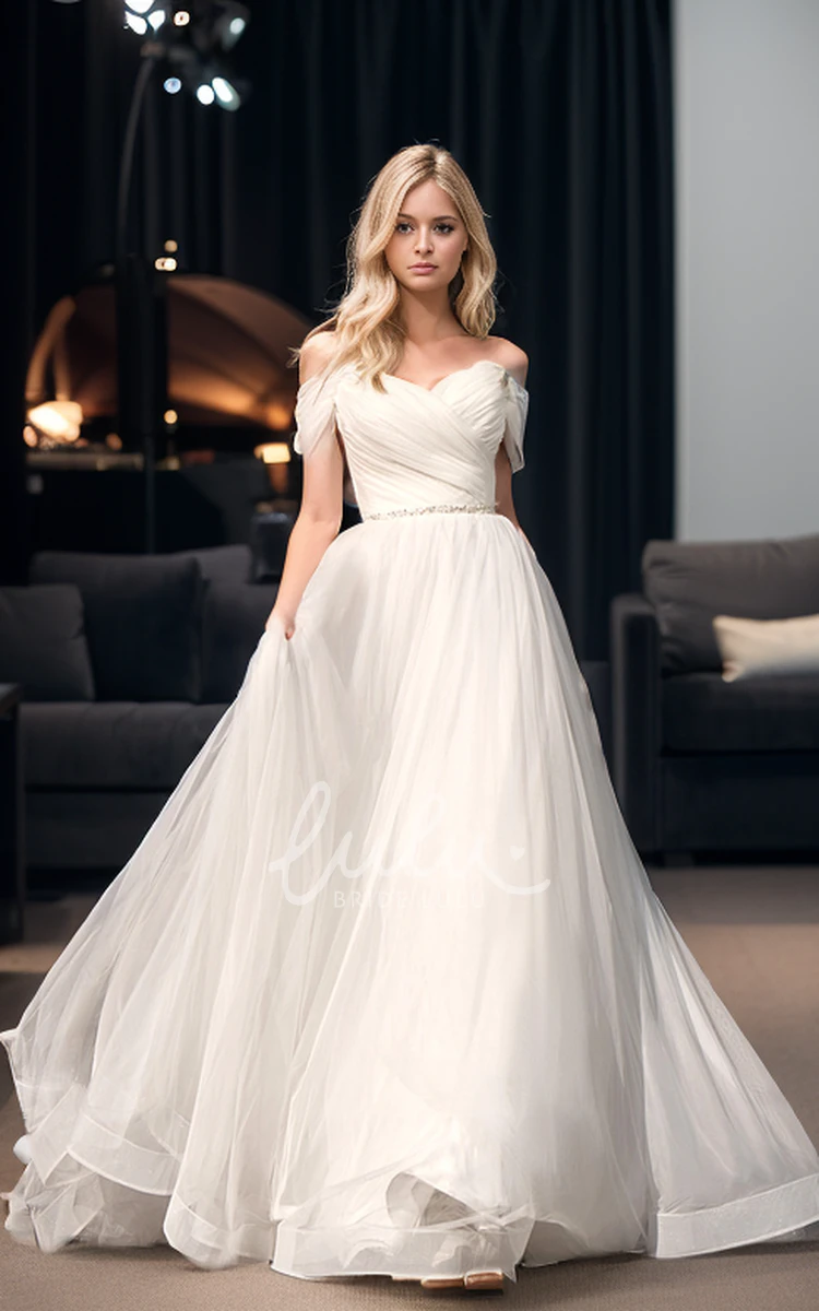 Simple Modest A-Line Off-the-Shoulder Tulle Wedding Dress Ethereal Casual Tulle Pearl Button Back Bridal Gown