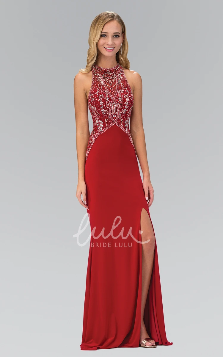 Jersey Sheath Straps Formal Dress with Split Front and Beading