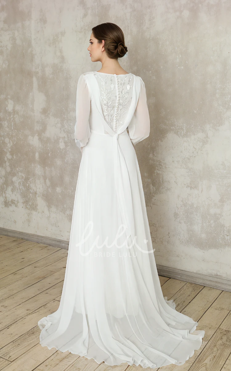 A-Line Square Neck Elegant Vintage Chiffon Wedding Dress Floor-length Long Sleeve Bridal Gown with Button Back Sweep Train