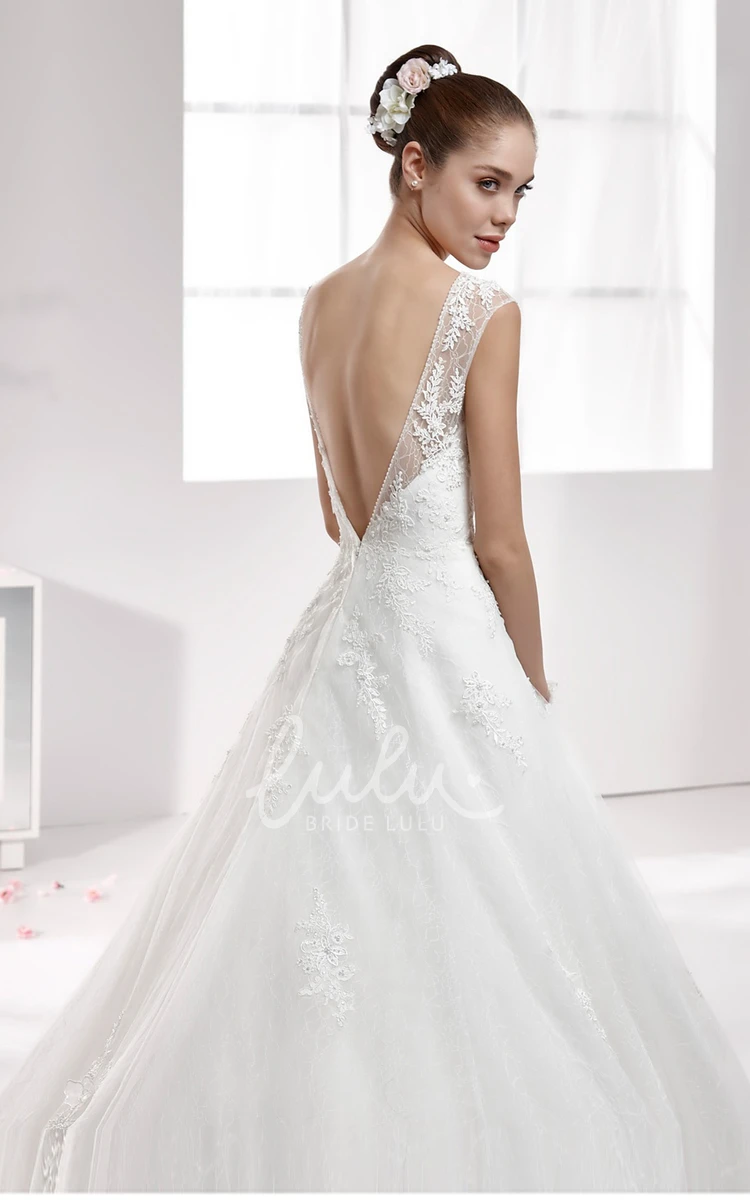 A-Line Wedding Dress with Jewel Neck Cap Sleeves and Backless Design