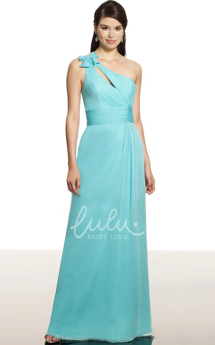 Sleeveless Ruched Chiffon Bridesmaid Dress with Bow One-Shoulder Style